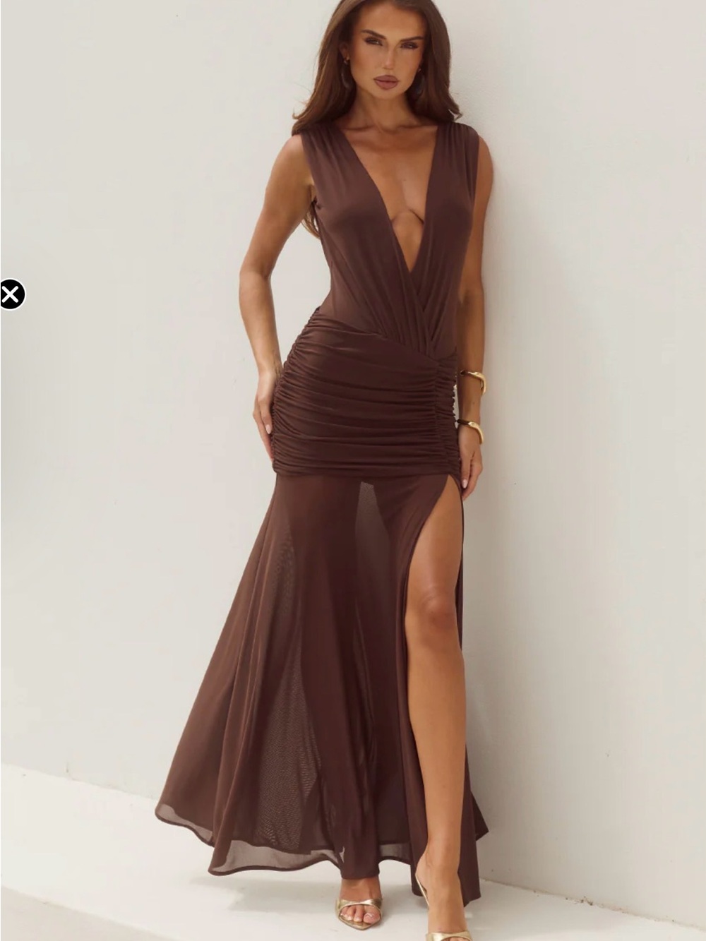 Plunging V-Neck Brown Maxi Dress with Side Thigh Slit